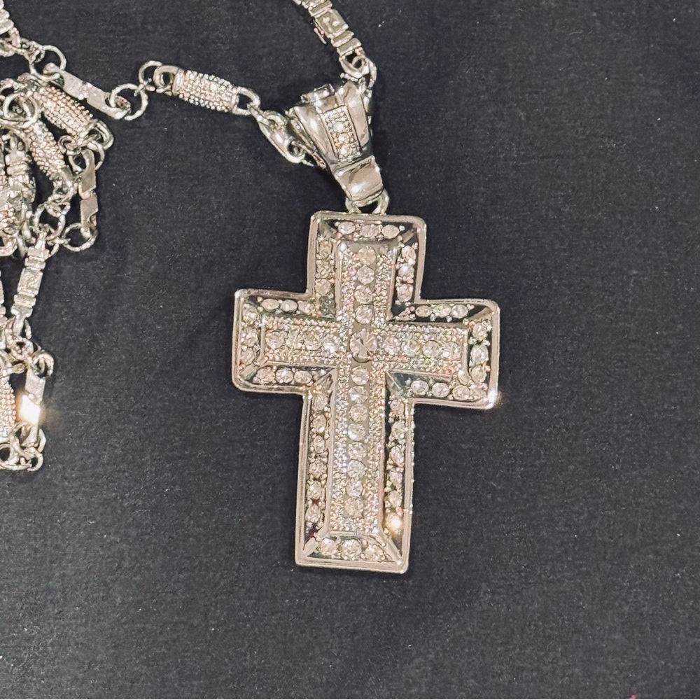 AJ USA Men's Iced Out CZ Cross Pendant Stainless Steel SS Plated Bling 30in NWT